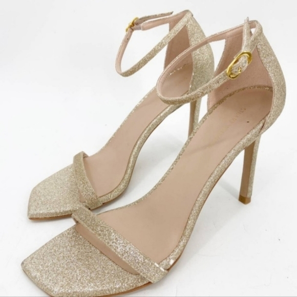 Stuart Weitzman Nudistcurve gold glitter shimmery anklestrap heels size 9.5 new - Picture 1 of 16